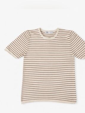 ZARA Striped Knit Tee Cream Brown Short Sleeve Size M